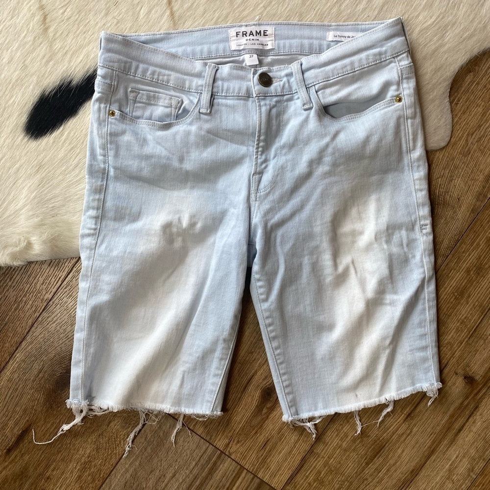 FRAME brand denim shorts, Le Cutoff style, kraw, frayed hem and light wash